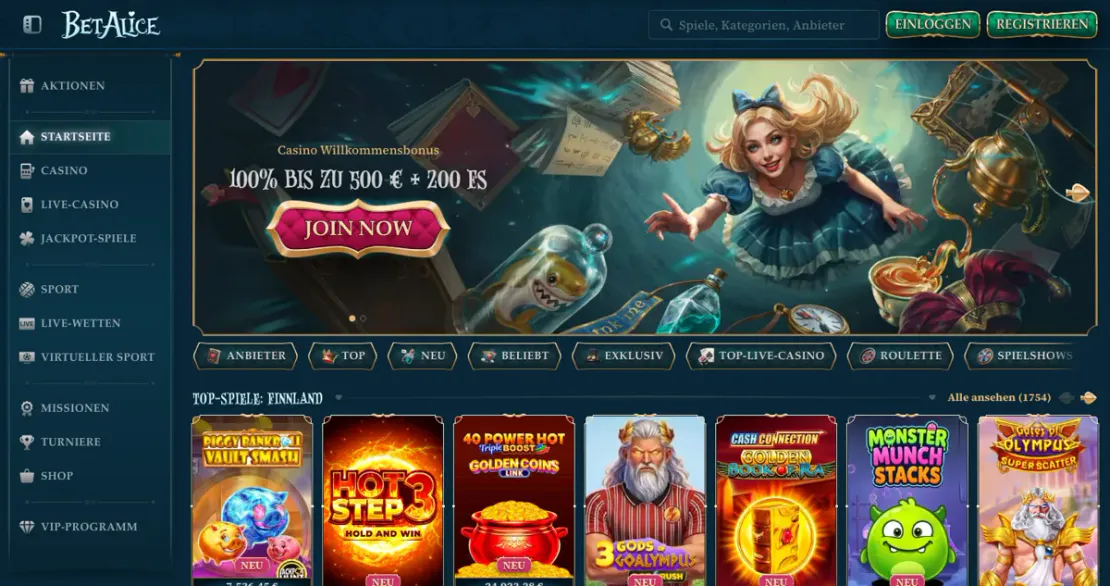 Casino-Lobby von BetAlice: Slots auf der Startseite